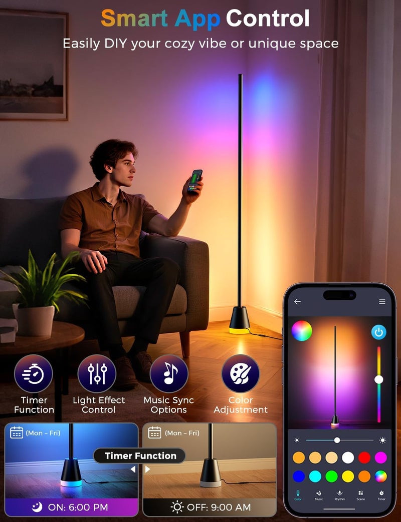 Alfolive RGB Floor Lamp, Smart LED Corner Lamp for Living Room Bedroom, 16 Million DIY Colors Standing Lamp with Music Sync App & Remote Control, Cool Modern Mood Light Ambient Lighting, Black - Image 5